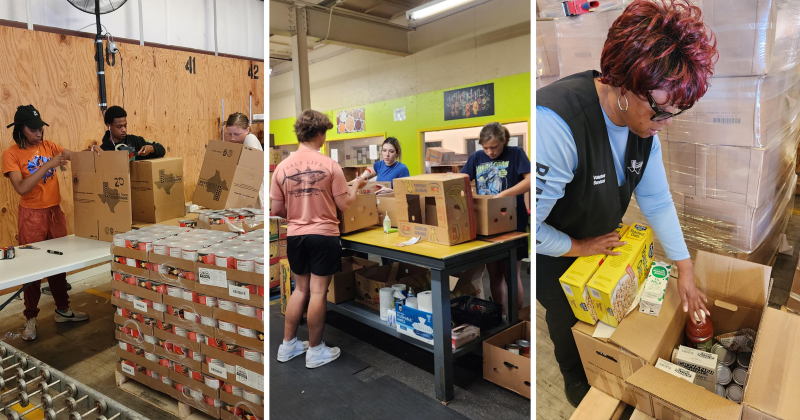 Southeast Texas Food Bank volunteers and Food Drive Coordinator Mary Simon pack senior boxes as uncertainty surrounds the future of the program.