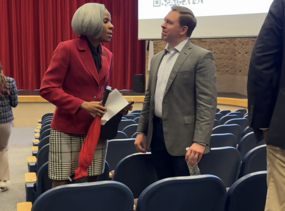 BISD Superintendent Dr. Shannon Allen, left talks with TEA Deputy Commissioner of Governance, Steve Lecholop.