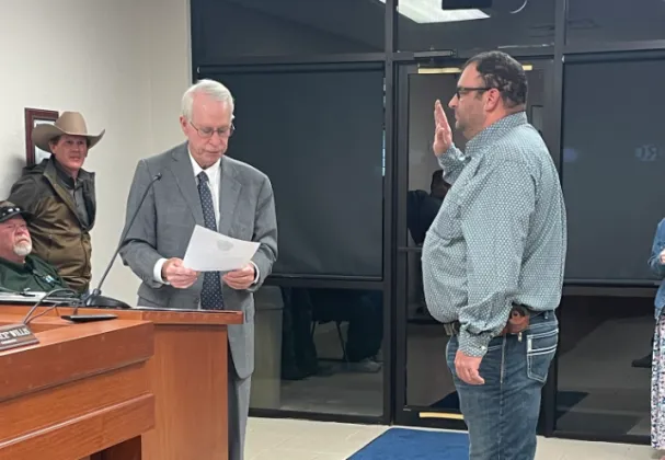 Jason Hollyfield being sworn in as the new police chief for the Pinehurst Police Department. Courtesy photo.