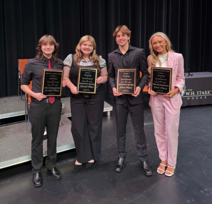 2026 Stark Reading Contest County Final winners from left to right: Devan Eason (Orangefield), Brynlee South (Orangefield), ﻿Austin Hathaway (Bridge City), Madeleine Doyle (Bridge City)